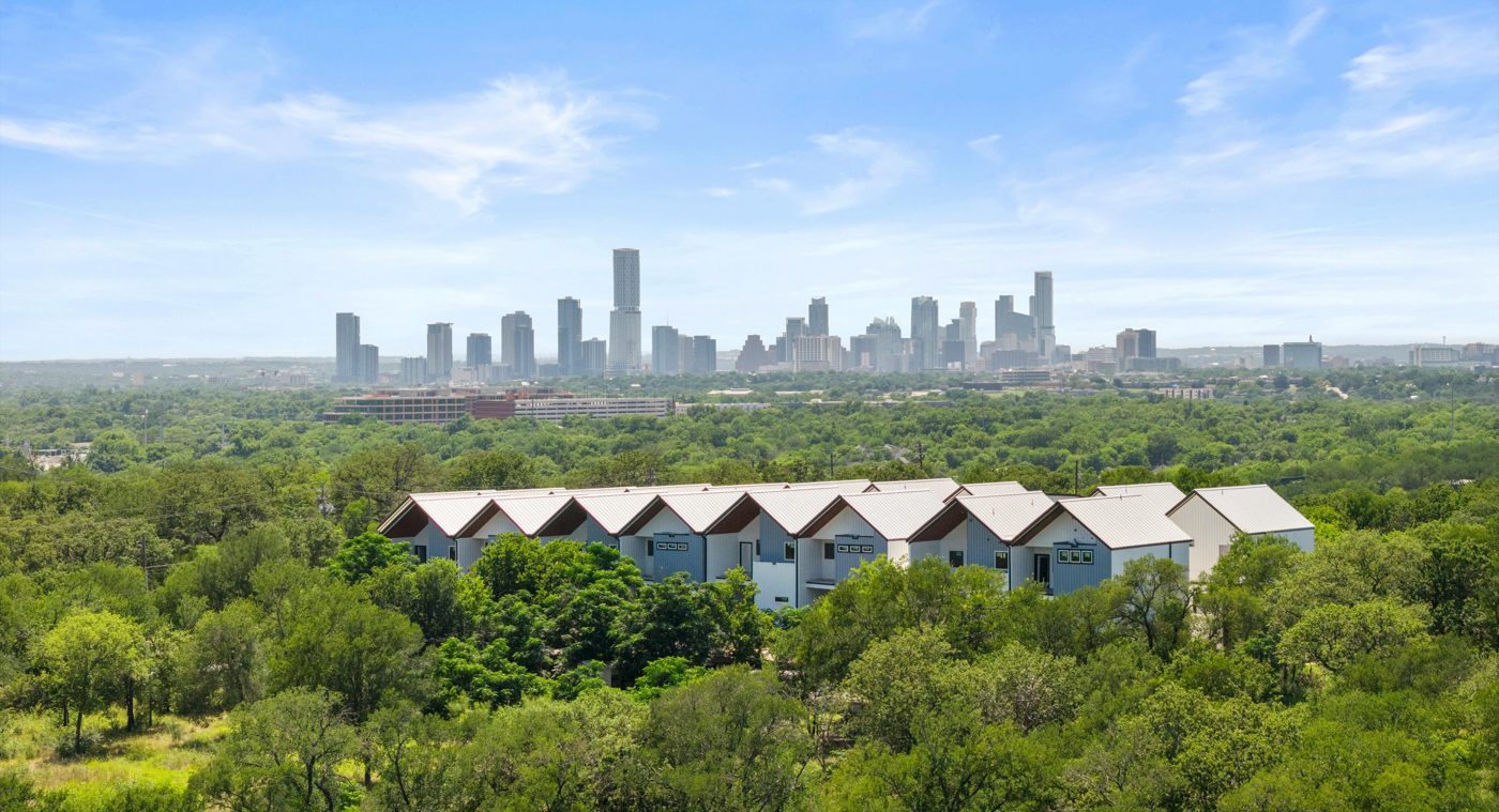 Aerial view of the community and East Austin