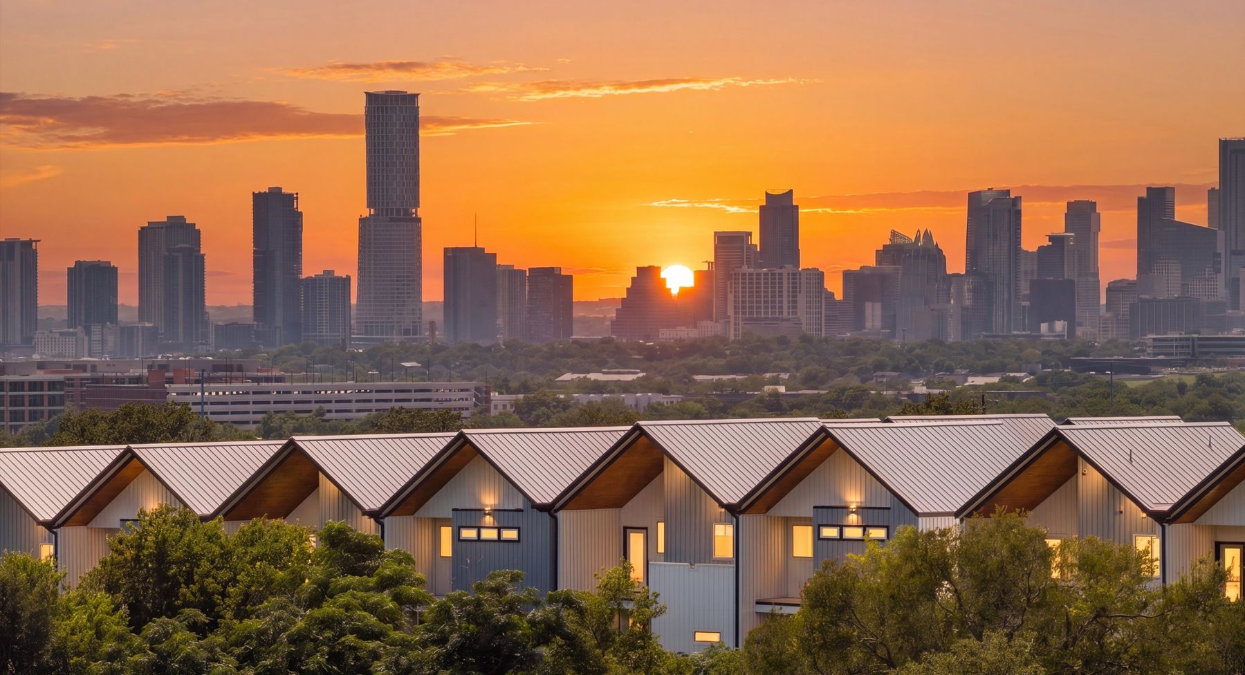 Harold Court Townhomes at twilight, East Austin