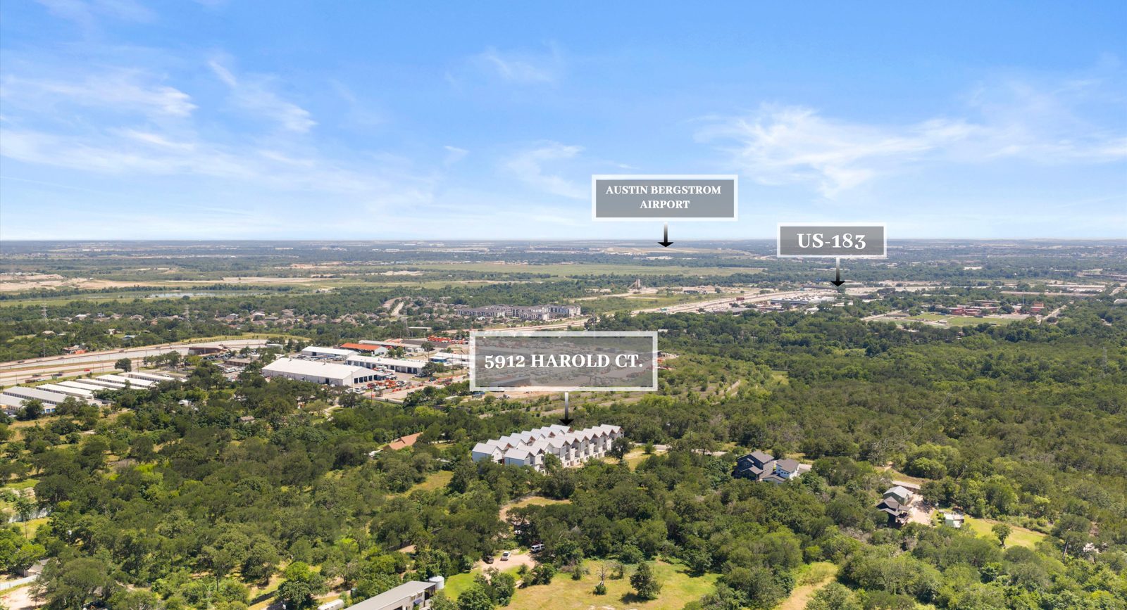Drone view toward the airport and US-183