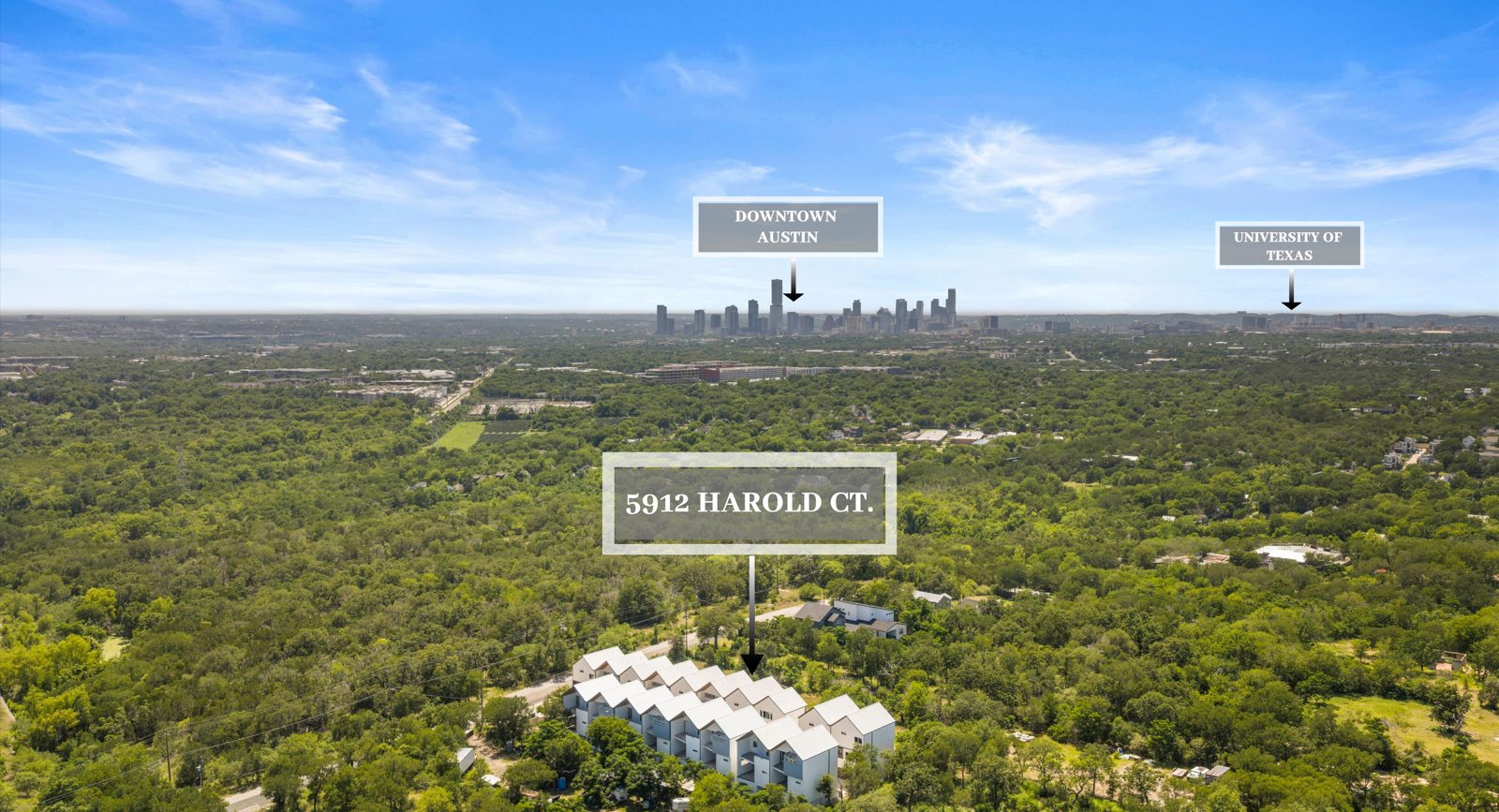 Drone view toward downtown Austin